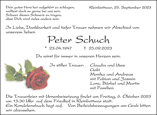 Traueranzeige von Peter Schuch von Marbacher Zeitung