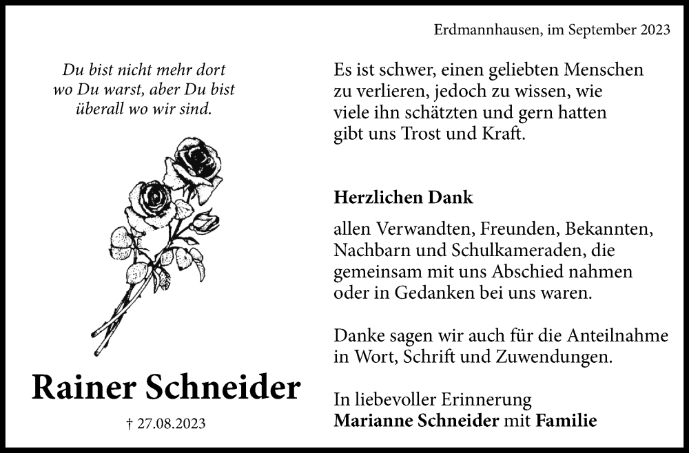  Traueranzeige für Rainer Schneider vom 22.09.2023 aus Marbacher Zeitung