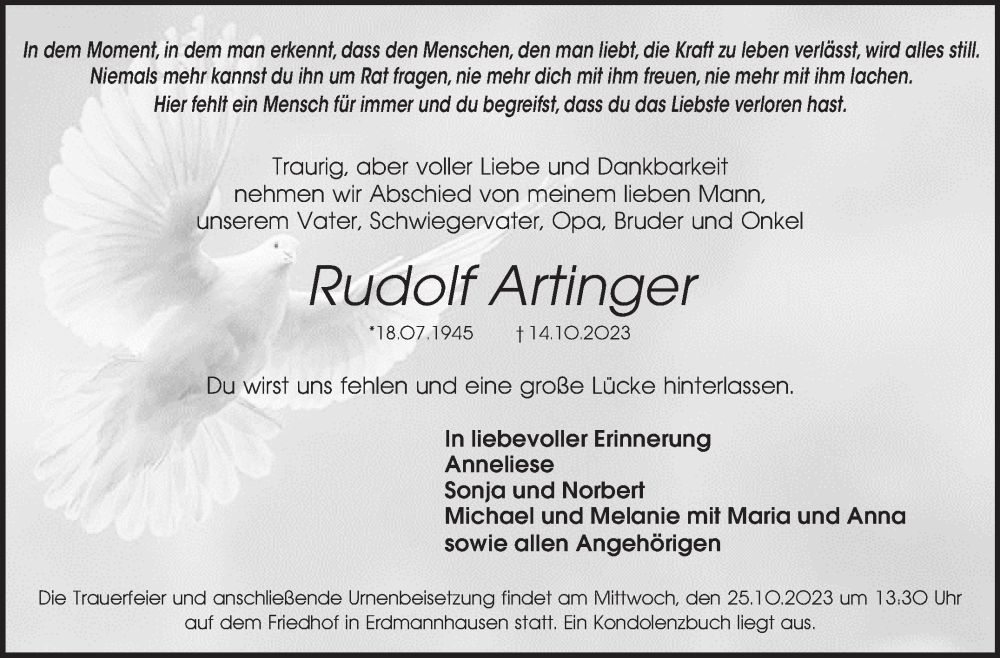  Traueranzeige für Rudolf Artinger vom 20.10.2023 aus Marbacher Zeitung