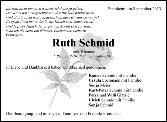 Traueranzeige von Ruth Schmid von Marbacher Zeitung