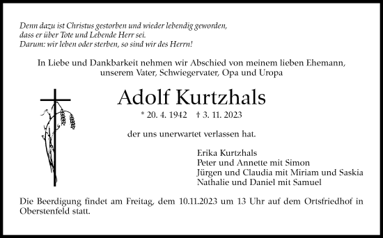 Traueranzeige von Adolf Kurtzhals von Marbacher Zeitung