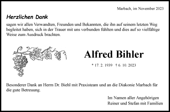 Traueranzeige von Alfred Bihler von Marbacher Zeitung