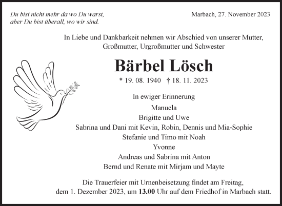 Traueranzeige von Bärbel Lösch von Marbacher Zeitung