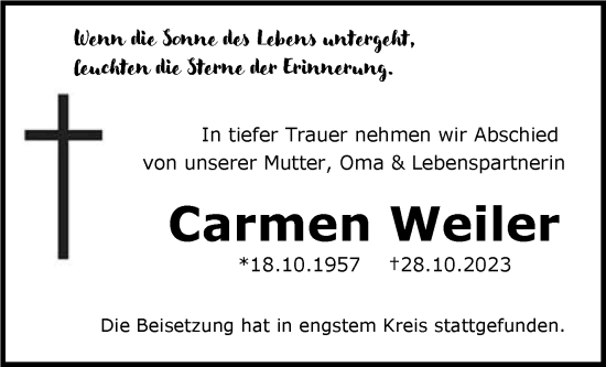 Traueranzeige von Carmen Weiler von Marbacher Zeitung