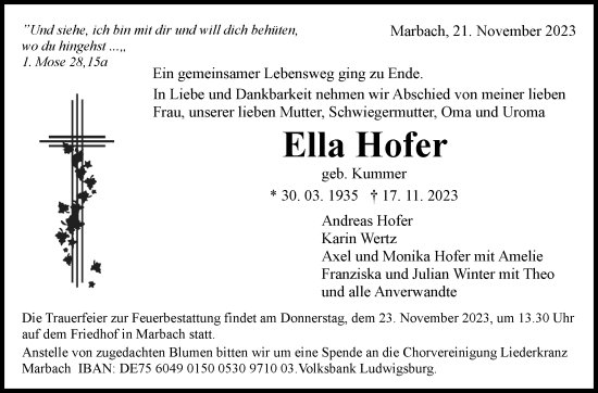 Traueranzeige von Ella Hofer von Marbacher Zeitung