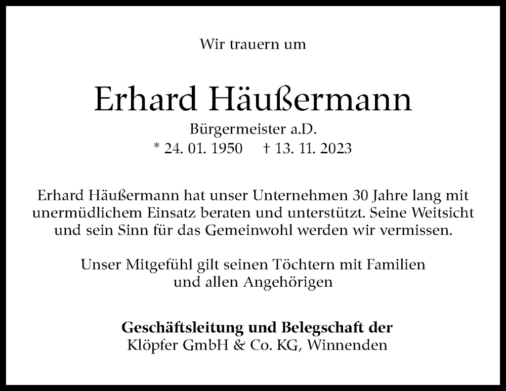  Traueranzeige für Erhard Häußermann vom 20.11.2023 aus Marbacher Zeitung