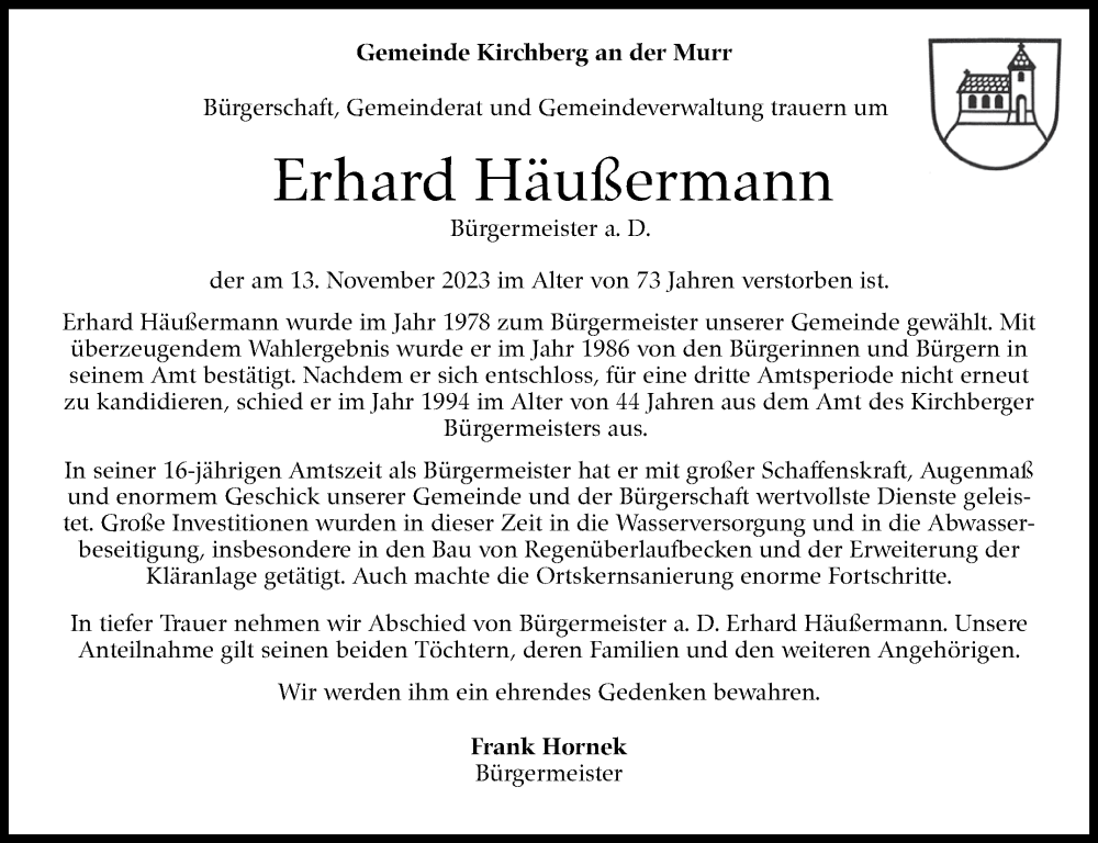  Traueranzeige für Erhard Häußermann vom 17.11.2023 aus Marbacher Zeitung