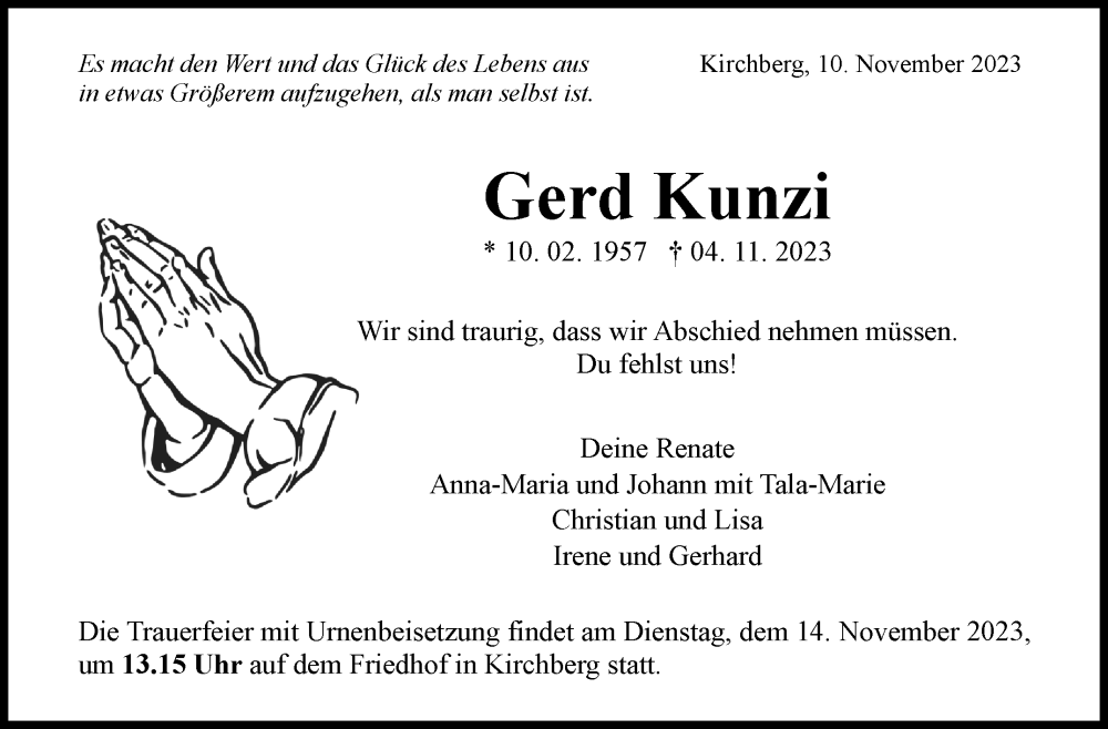  Traueranzeige für Gerd Kunzi vom 10.11.2023 aus Marbacher Zeitung