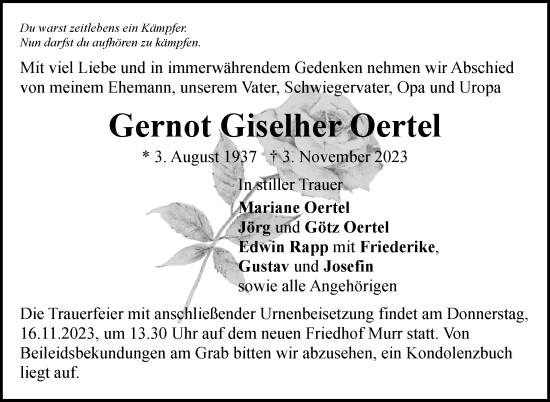 Traueranzeige von Gernot Giselher Oertel von Marbacher Zeitung