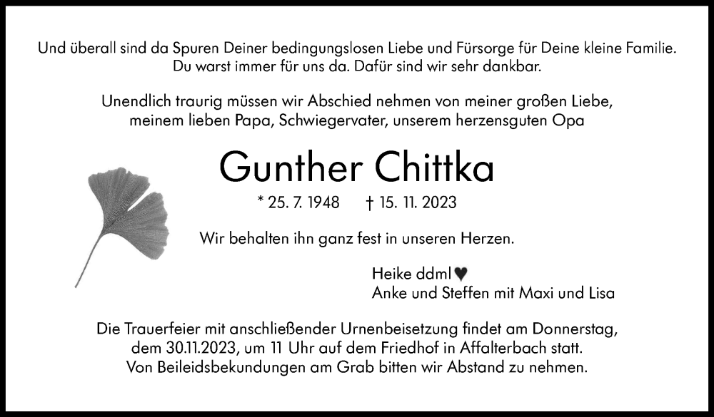  Traueranzeige für Gunther Chittka vom 28.11.2023 aus Marbacher Zeitung