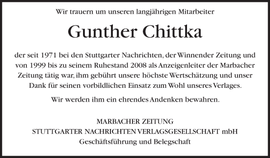 Traueranzeige von Gunther Chittka von Marbacher Zeitung