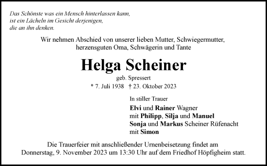 Traueranzeige von Helga Scheiner von Marbacher Zeitung