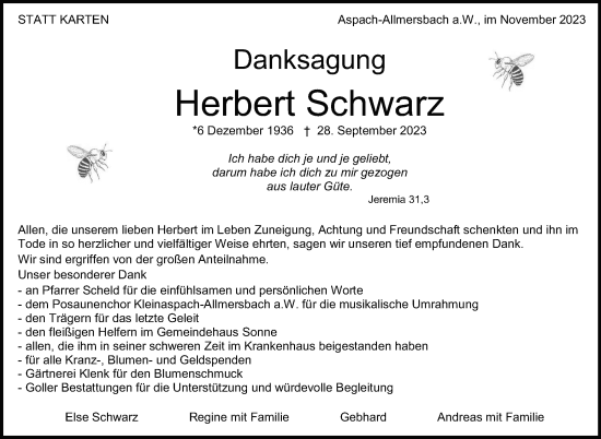 Traueranzeige von Herbert Schwarz von Marbacher Zeitung
