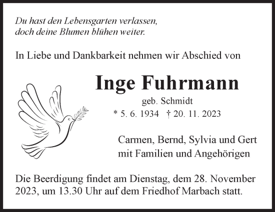 Traueranzeige von Inge Fuhrmann von Marbacher Zeitung