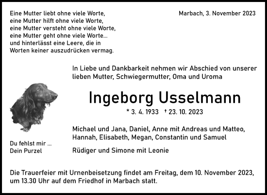 Traueranzeige von Ingeborg Usselmann von Marbacher Zeitung