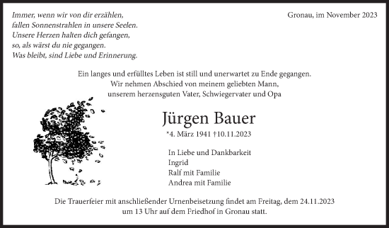 Traueranzeige von Jürgen Bauer von Marbacher Zeitung