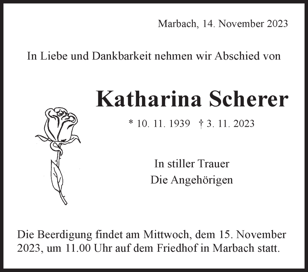  Traueranzeige für Katharina Scherer vom 14.11.2023 aus Marbacher Zeitung