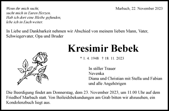 Traueranzeige von Kresimir Bebek von Marbacher Zeitung