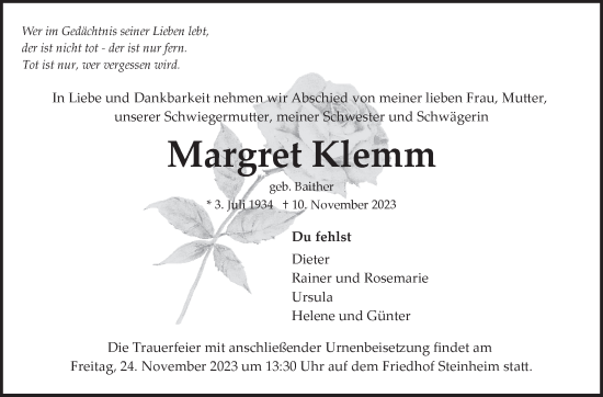 Traueranzeige von Margret Klemm von Marbacher Zeitung