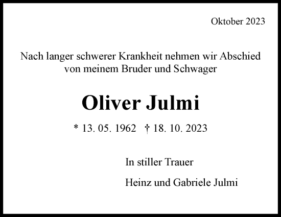 Traueranzeige von Oliver Julmi von Marbacher Zeitung