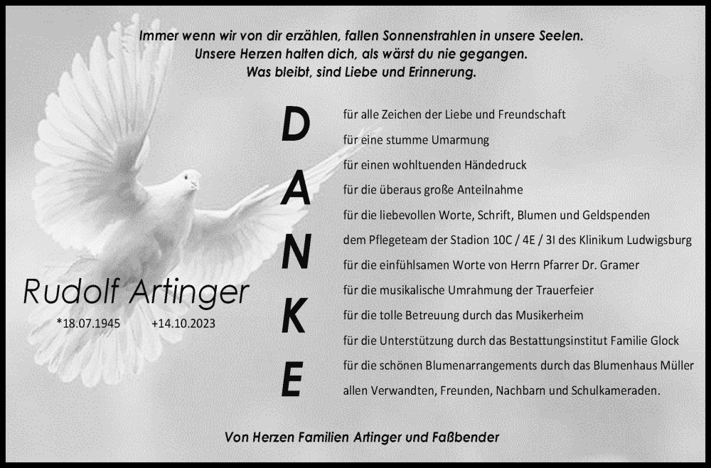  Traueranzeige für Rudolf Artinger vom 03.11.2023 aus Marbacher Zeitung