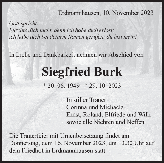 Traueranzeige von Siegfried Burk von Marbacher Zeitung