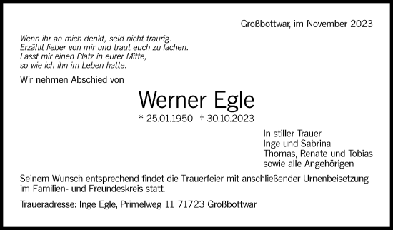 Traueranzeige von Werner Egle von Marbacher Zeitung
