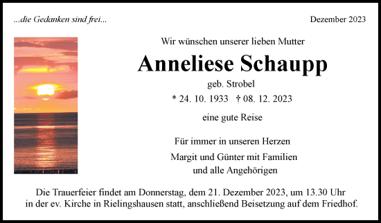 Traueranzeige von Anneliese Schaupp von Marbacher Zeitung