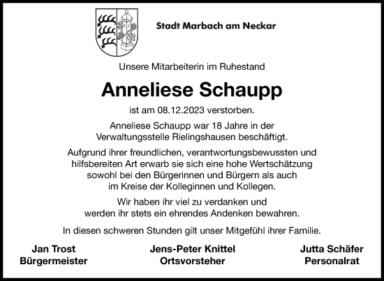 Traueranzeige von Anneliese Schaupp von Marbacher Zeitung