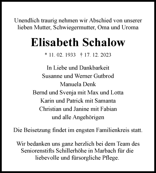 Traueranzeige von Elisabeth Schalow von Marbacher Zeitung