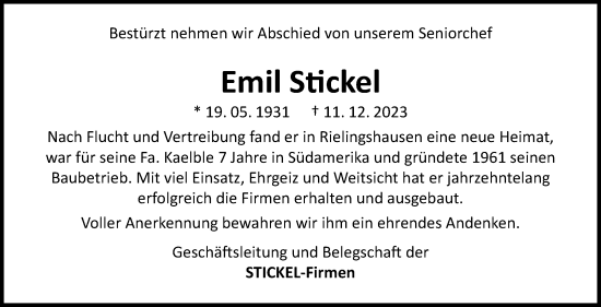 Traueranzeige von Emil Stickel von Marbacher Zeitung