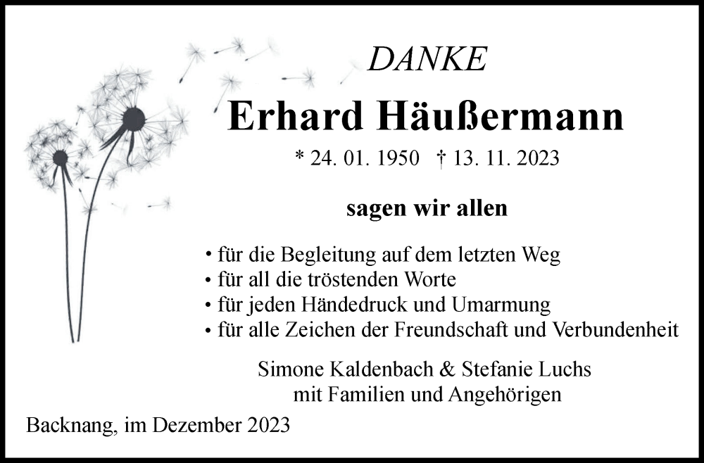  Traueranzeige für Erhard Häußermann vom 20.12.2023 aus Marbacher Zeitung