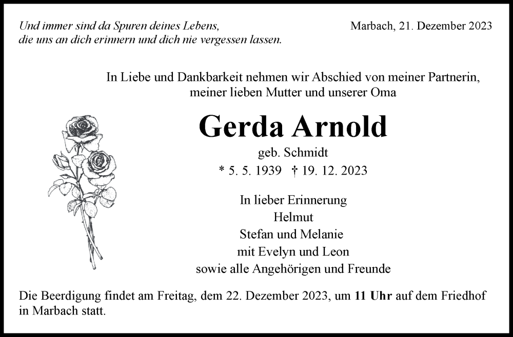  Traueranzeige für Gerda Arnold vom 21.12.2023 aus Marbacher Zeitung