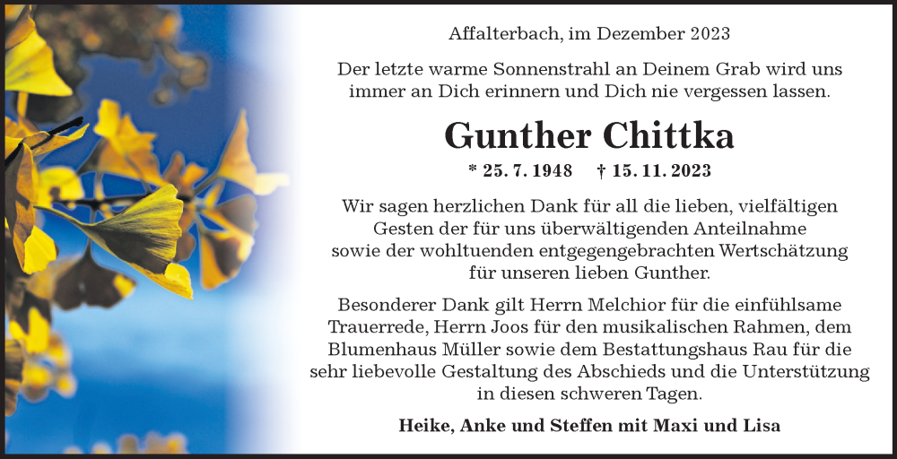  Traueranzeige für Gunther Chittka vom 15.12.2023 aus Marbacher Zeitung