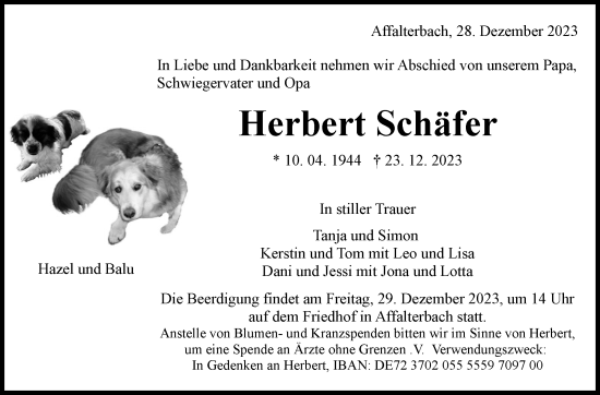 Traueranzeige von Herbert Schäfer von Marbacher Zeitung