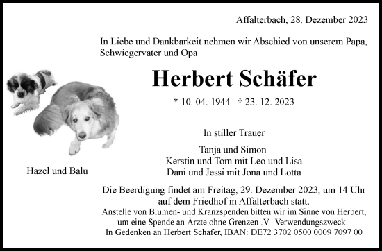 Traueranzeige von Herbert Schäfer von Marbacher Zeitung