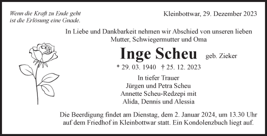 Traueranzeige von Inge Scheu von Marbacher Zeitung