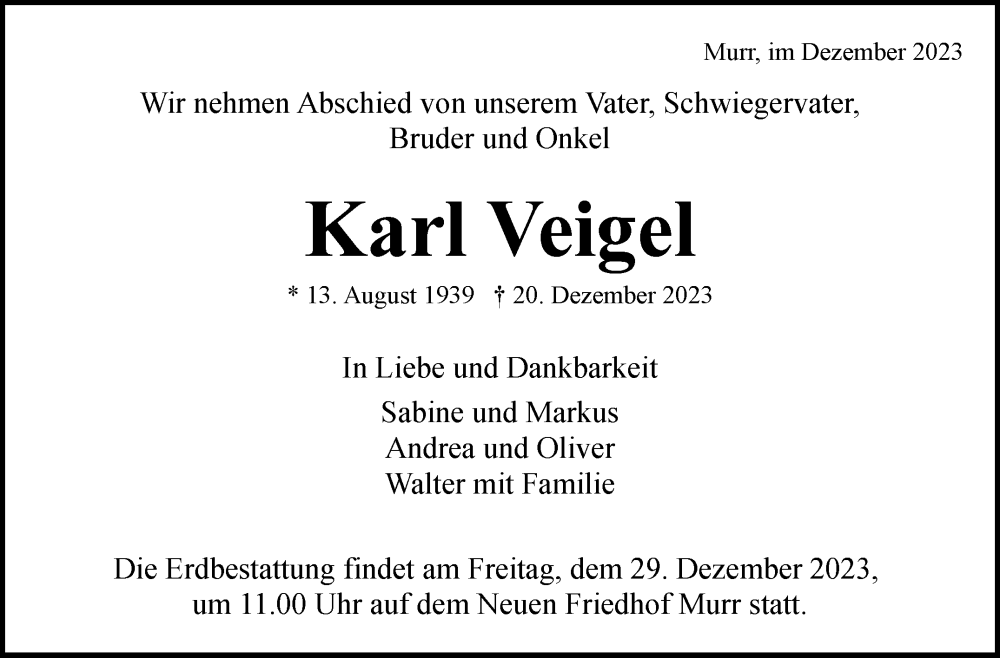  Traueranzeige für Karl Veigel vom 27.12.2023 aus Marbacher Zeitung