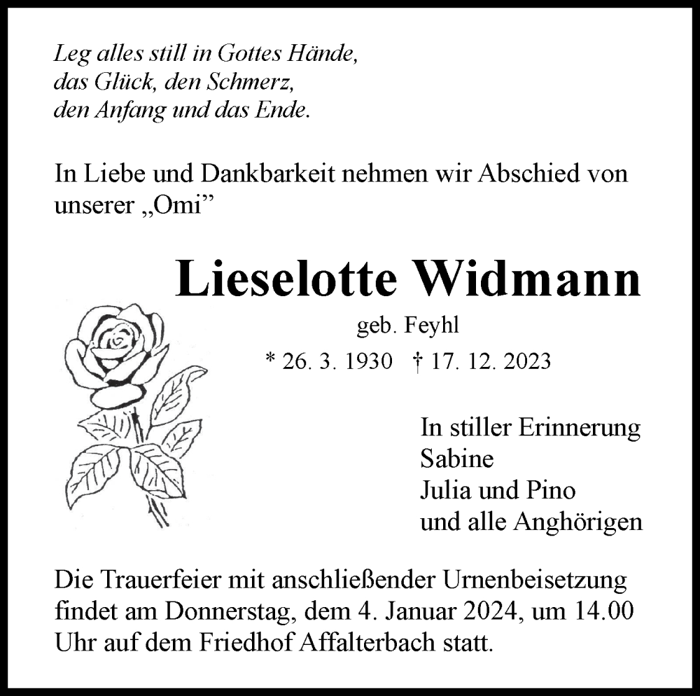  Traueranzeige für Lieselotte Widmann vom 29.12.2023 aus Marbacher Zeitung