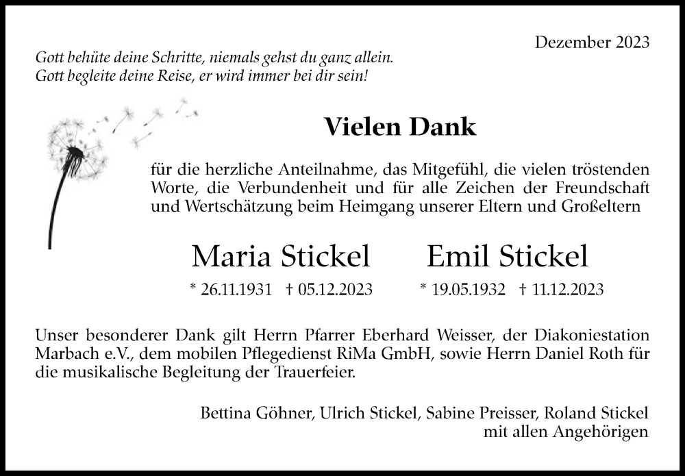  Traueranzeige für Maria und Emil Stickel vom 28.12.2023 aus Marbacher Zeitung
