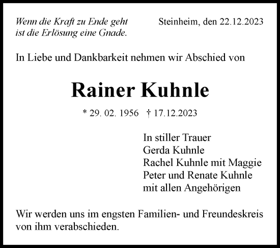 Traueranzeige von Rainer Kuhnle von Marbacher Zeitung