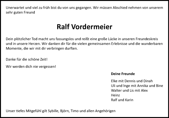 Traueranzeige von Ralf Vordermeier von Marbacher Zeitung