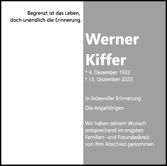 Traueranzeige von Werner Kiffer von Marbacher Zeitung