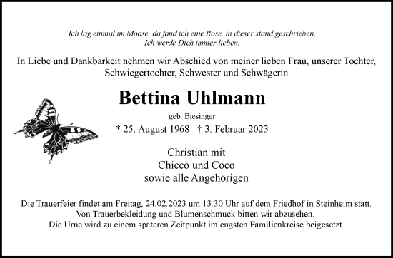 Traueranzeige von Bettina Uhlmann von Marbacher Zeitung