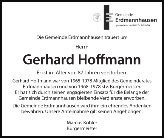 Traueranzeige von Gerhard Hoffmann von Marbacher Zeitung