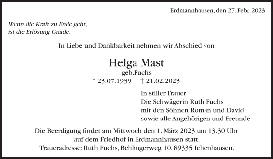 Traueranzeige von Helga Mast von Marbacher Zeitung