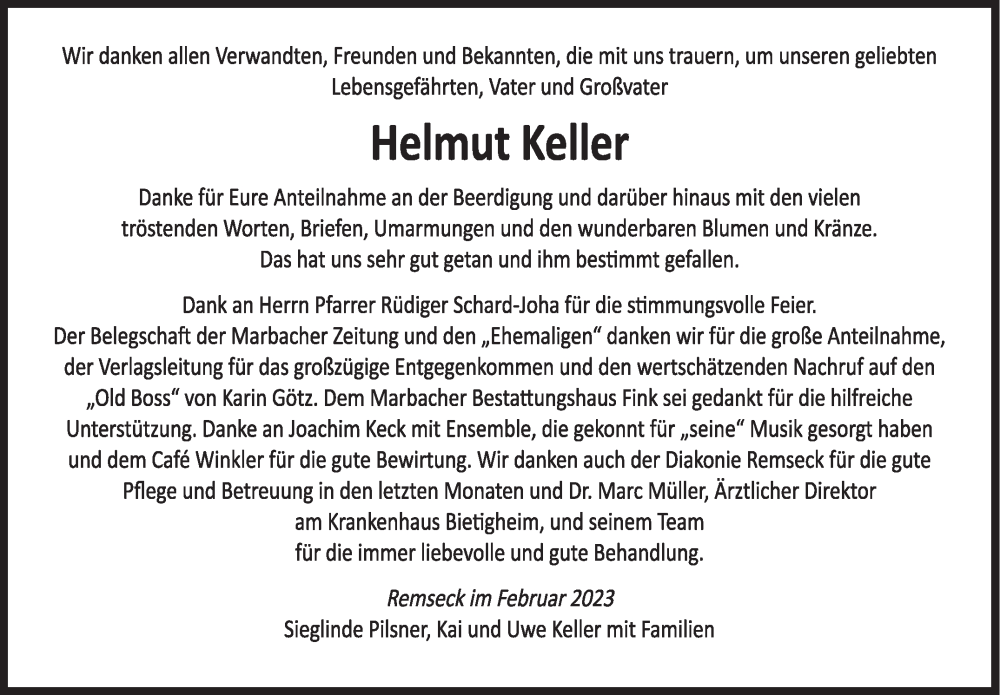  Traueranzeige für Helmut Keller vom 23.02.2023 aus Marbacher Zeitung