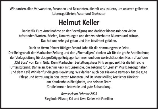 Traueranzeige von Helmut Keller von Marbacher Zeitung