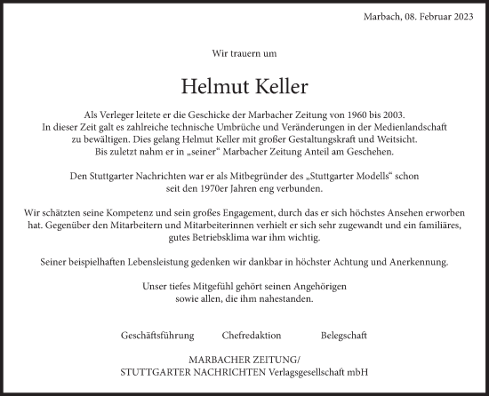 Traueranzeige von Helmut Theodor Keller von Marbacher Zeitung