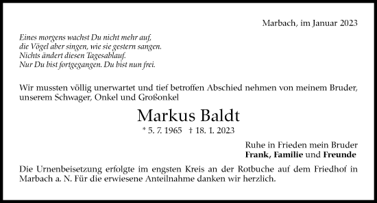 Traueranzeige von Markus Baldt von Marbacher Zeitung